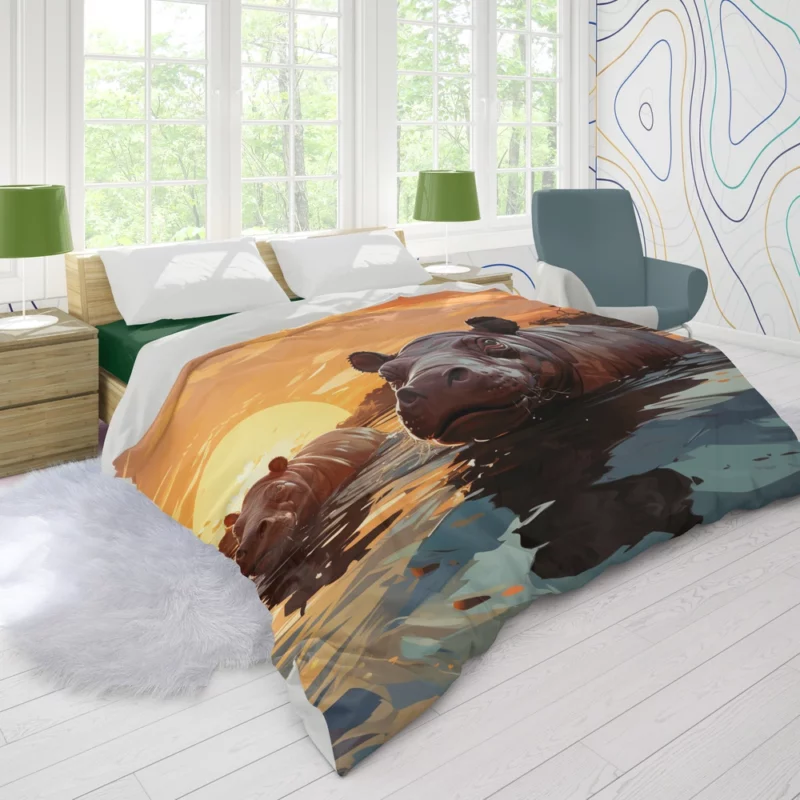 Silhouetted Hippos at Sunset Duvet Cover