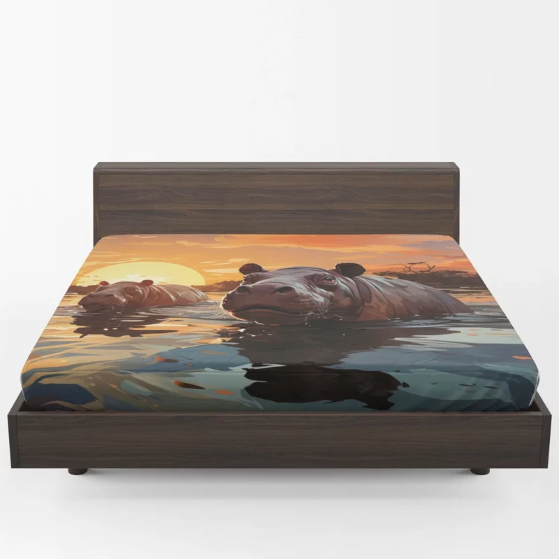 Silhouetted Hippos at Sunset Fitted Sheet 1