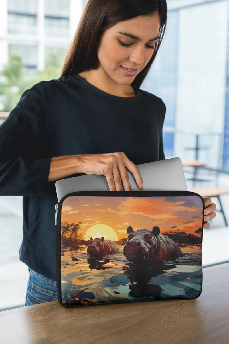 Silhouetted Hippos at Sunset Laptop Sleeve 1