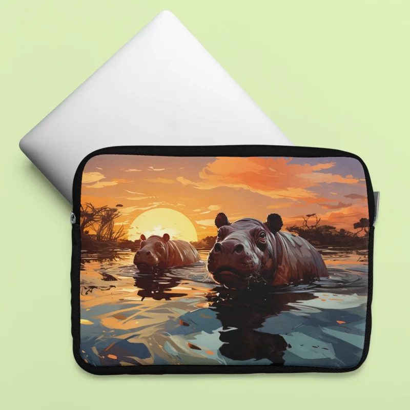 Silhouetted Hippos at Sunset Laptop Sleeve