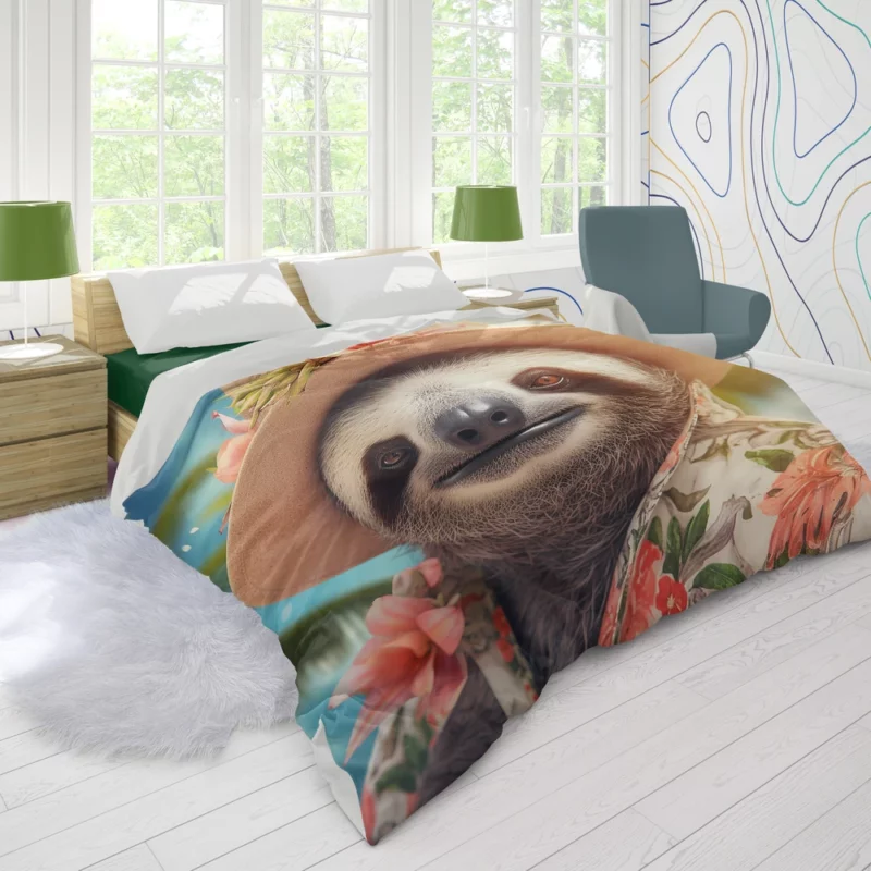 Sloth in Tropical Paradise with Blooming Flowers Duvet Cover