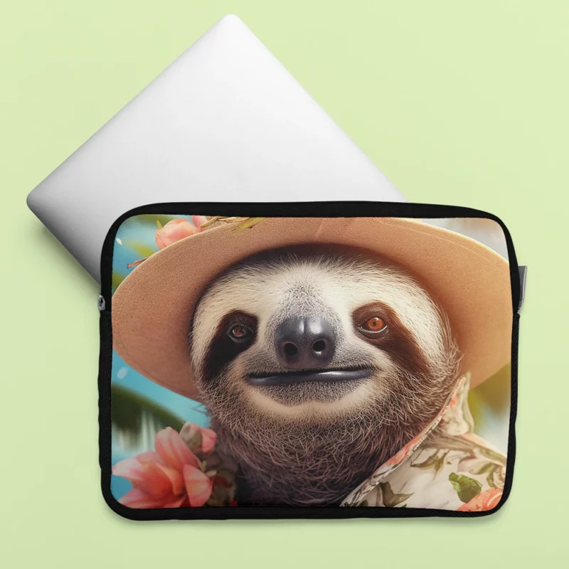 Sloth in Tropical Paradise with Blooming Flowers Laptop Sleeve