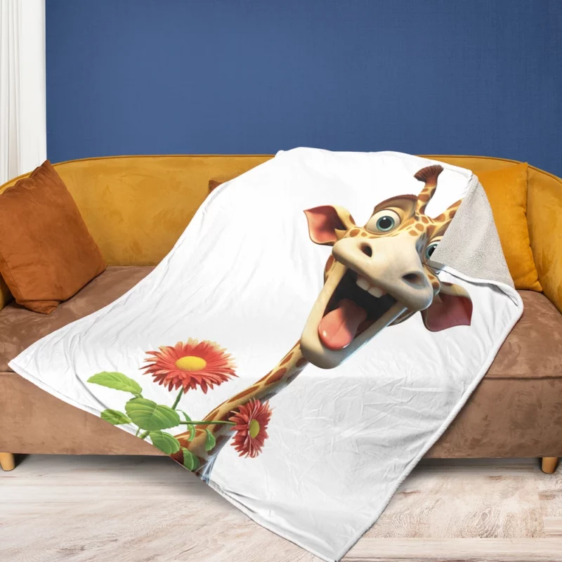 Smiling Giraffe With Flower Fleece Blanket 1