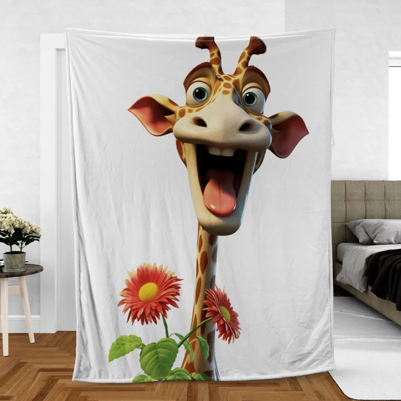 Smiling Giraffe With Flower Fleece Blanket