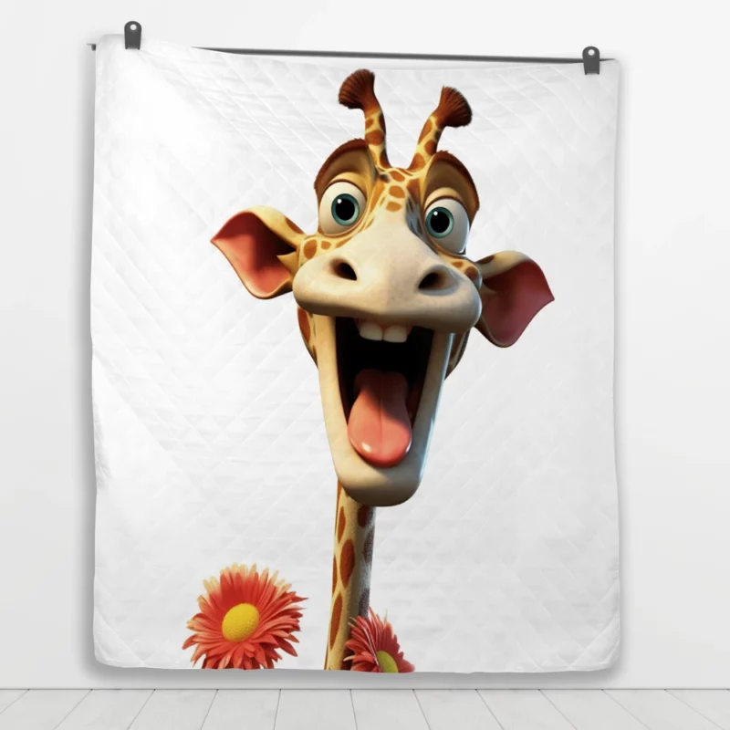 Smiling Giraffe With Flower Quilt Blanket 1