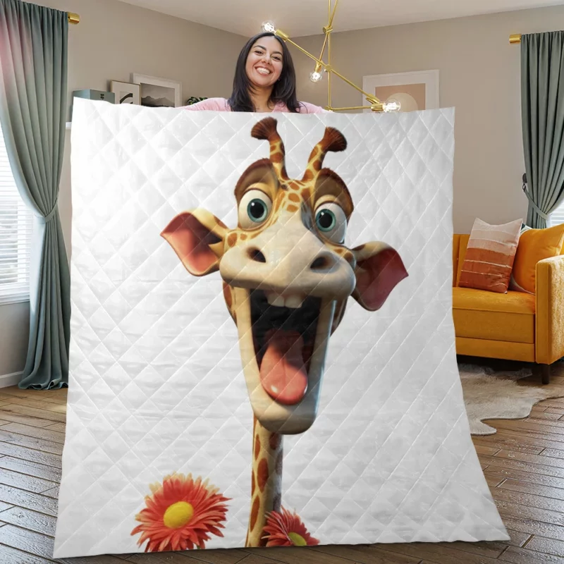 Smiling Giraffe With Flower Quilt Blanket