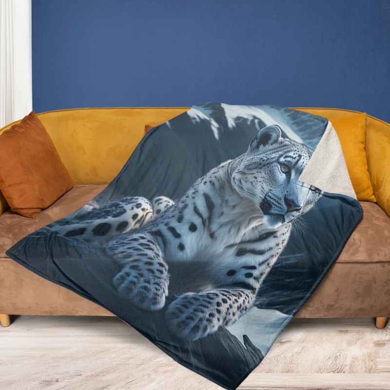 Snow Leopard Resting on Mountain Rocks Fleece Blanket 1