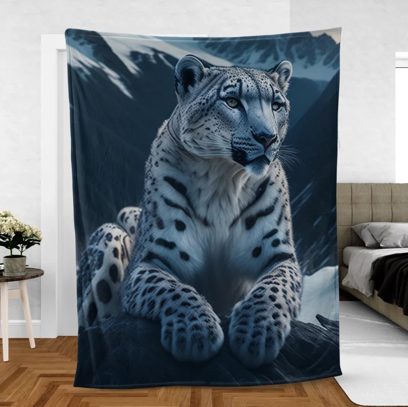 Snow Leopard Resting on Mountain Rocks Fleece Blanket