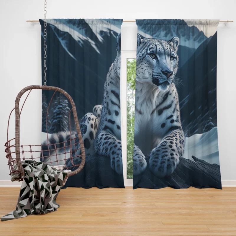 Snow Leopard Resting on Mountain Rocks Window Curtain