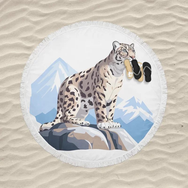 Snow Leopard in 2D Illustration Round Beach Towel