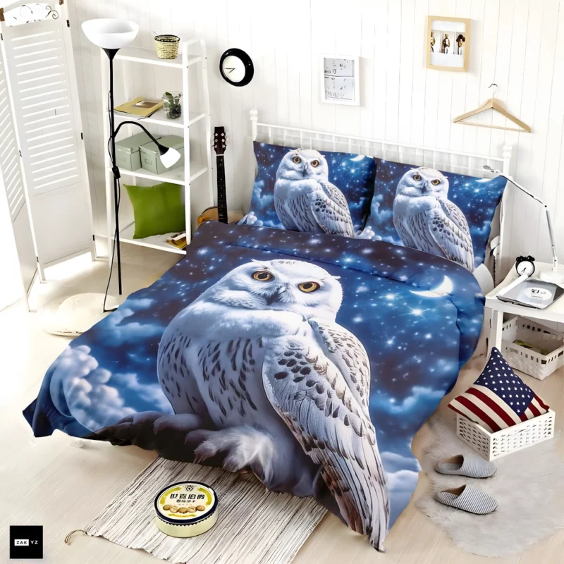 Snowy Owl Under Night Sky Bedding Set