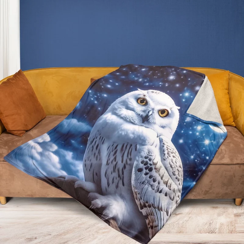 Snowy Owl Under Night Sky Fleece Blanket 1