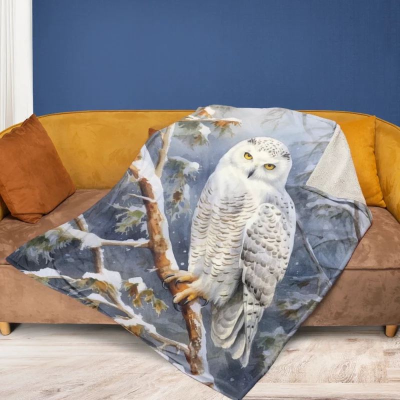 Snowy Owl in Snowy Forest Fleece Blanket 1