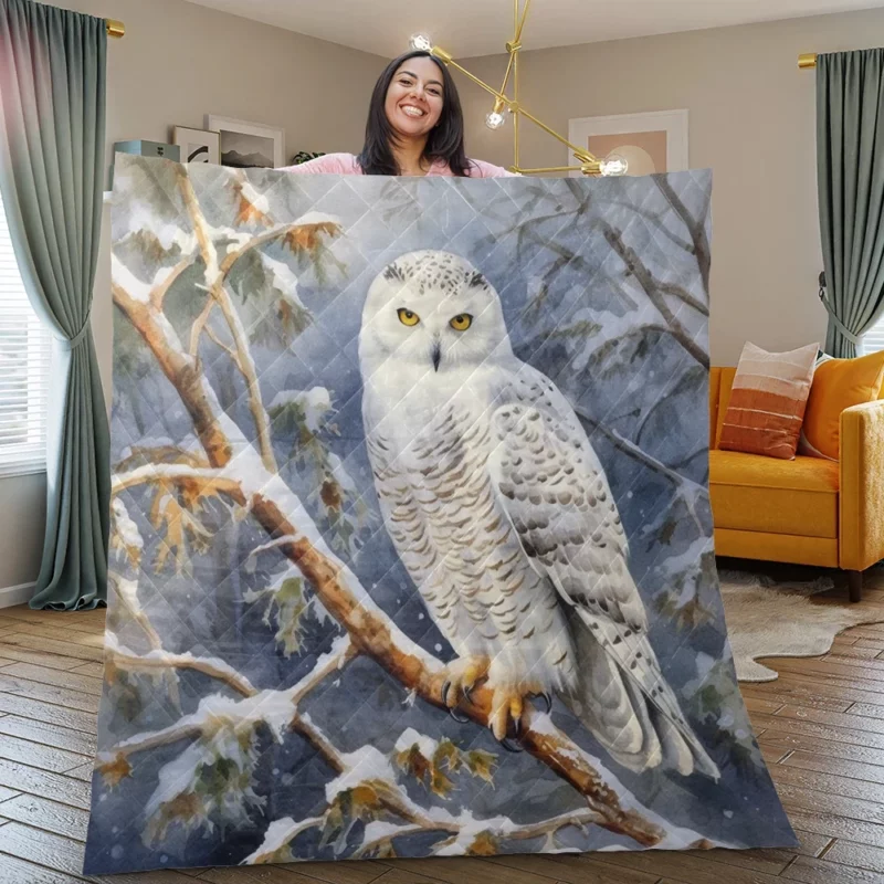 Snowy Owl in Snowy Forest Quilt Blanket