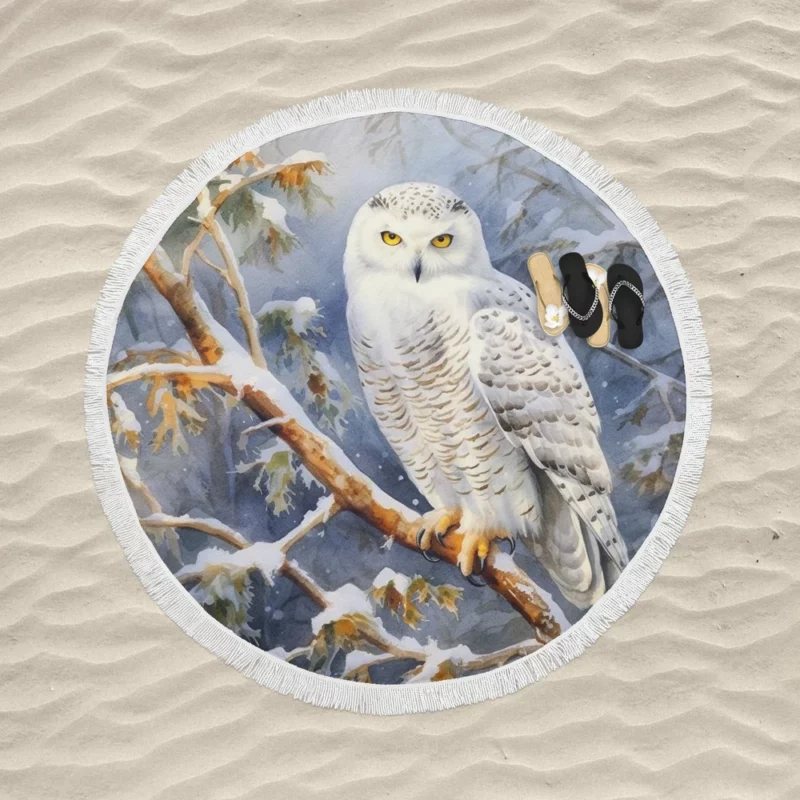 Snowy Owl in Snowy Forest Round Beach Towel