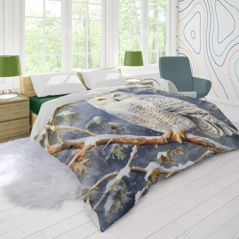 Snowy Owl in Winter Forest Duvet Cover