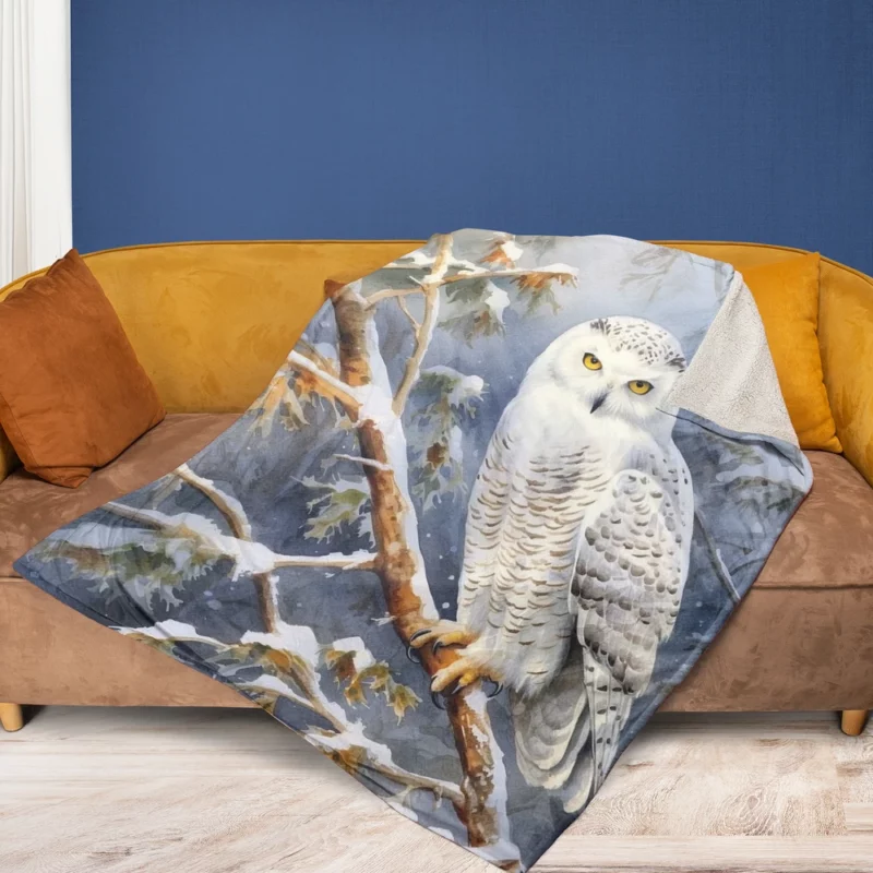 Snowy Owl in Winter Forest Fleece Blanket 1