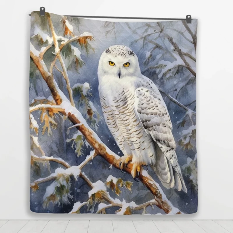 Snowy Owl in Winter Forest Quilt Blanket 1