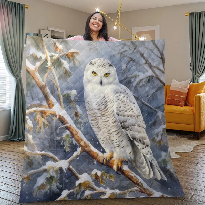 Snowy Owl in Winter Forest Quilt Blanket