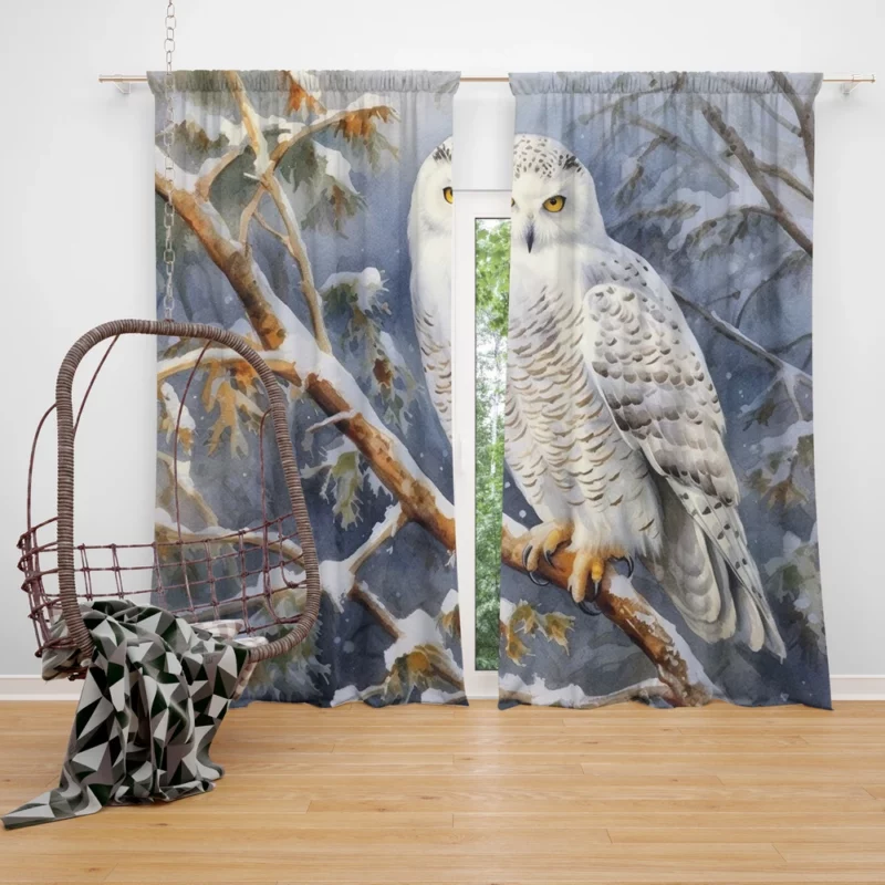 Snowy Owl in Winter Forest Window Curtain