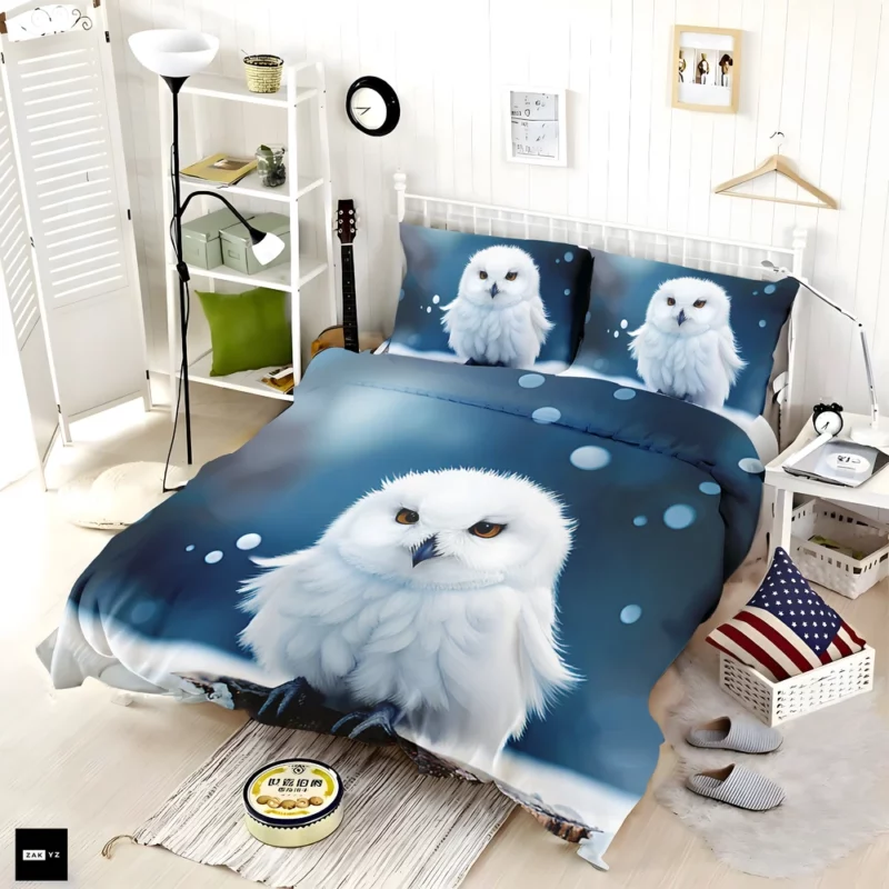 Snowy Owl on Log in Snow Bedding Set