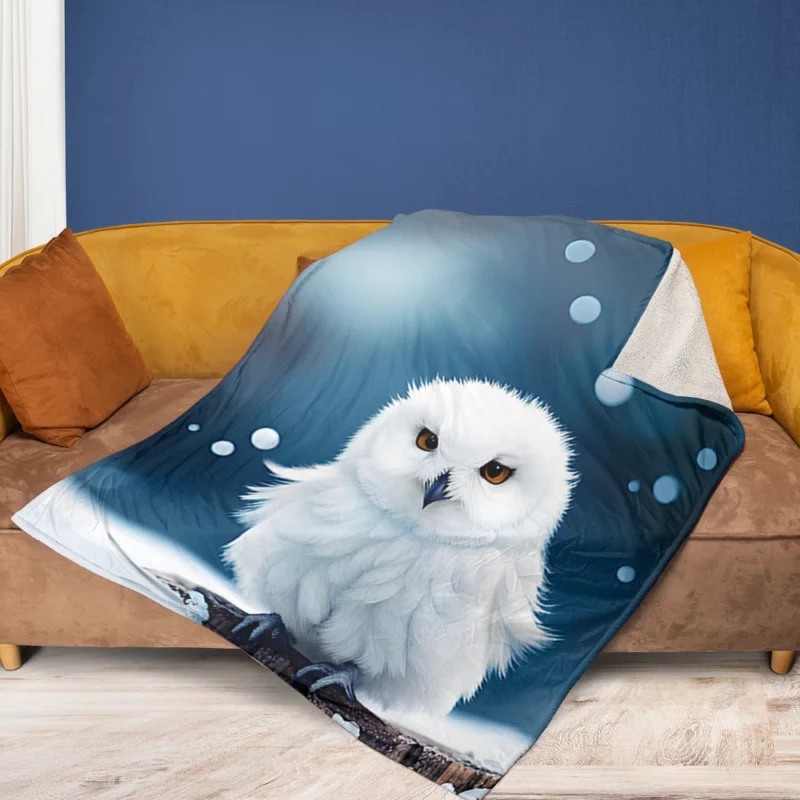 Snowy Owl on Log in Snow Fleece Blanket 1