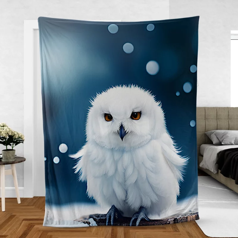 Snowy Owl on Log in Snow Fleece Blanket