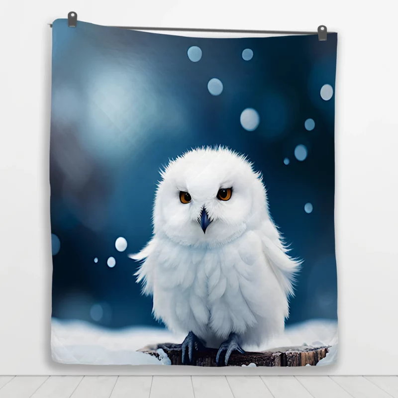 Snowy Owl on Log in Snow Quilt Blanket 1