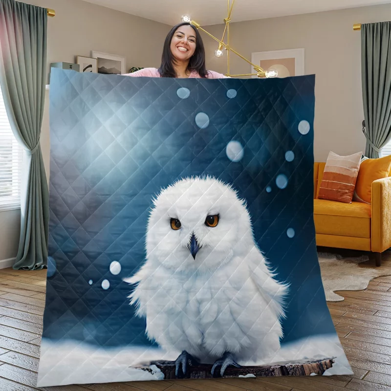 Snowy Owl on Log in Snow Quilt Blanket