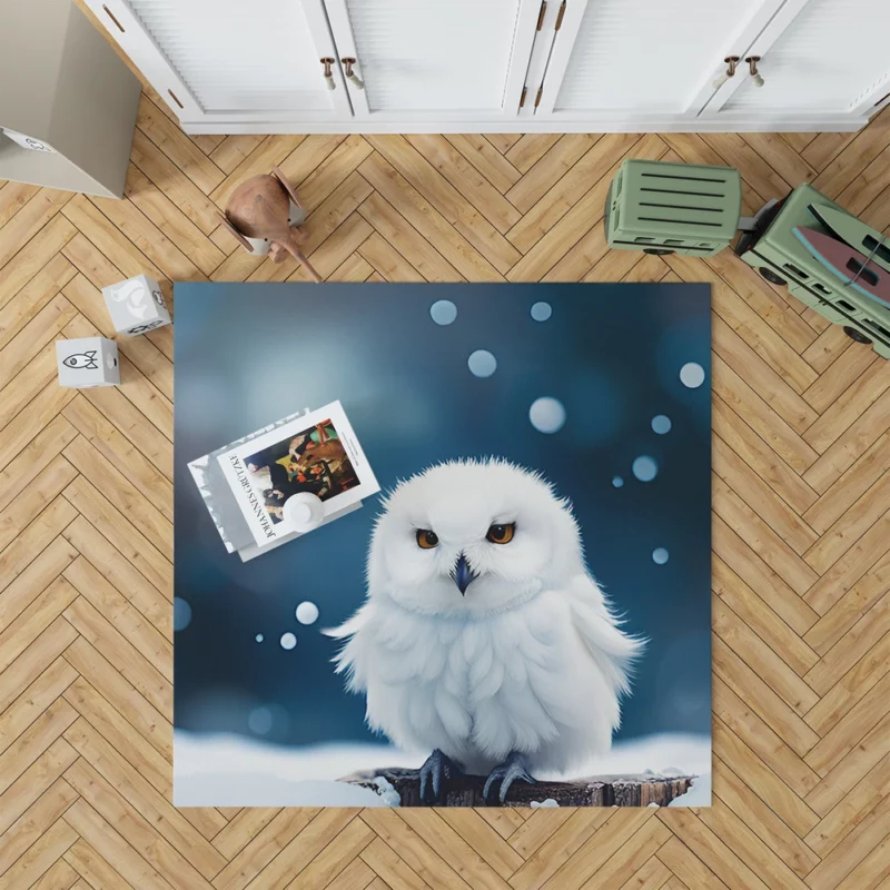 Snowy Owl on Log in Snow Rug