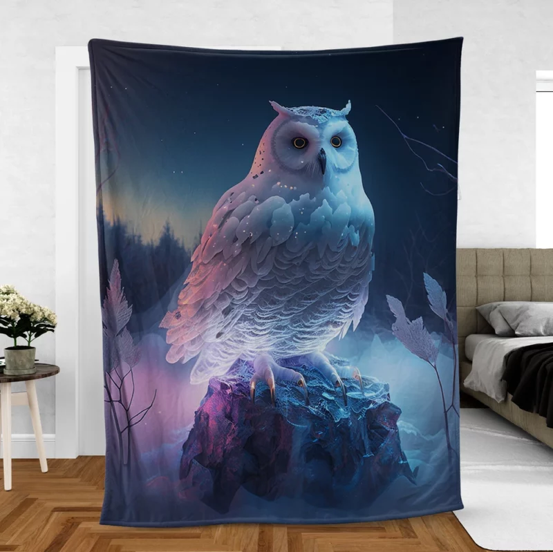 Snowy Owl on Rock Painting Fleece Blanket