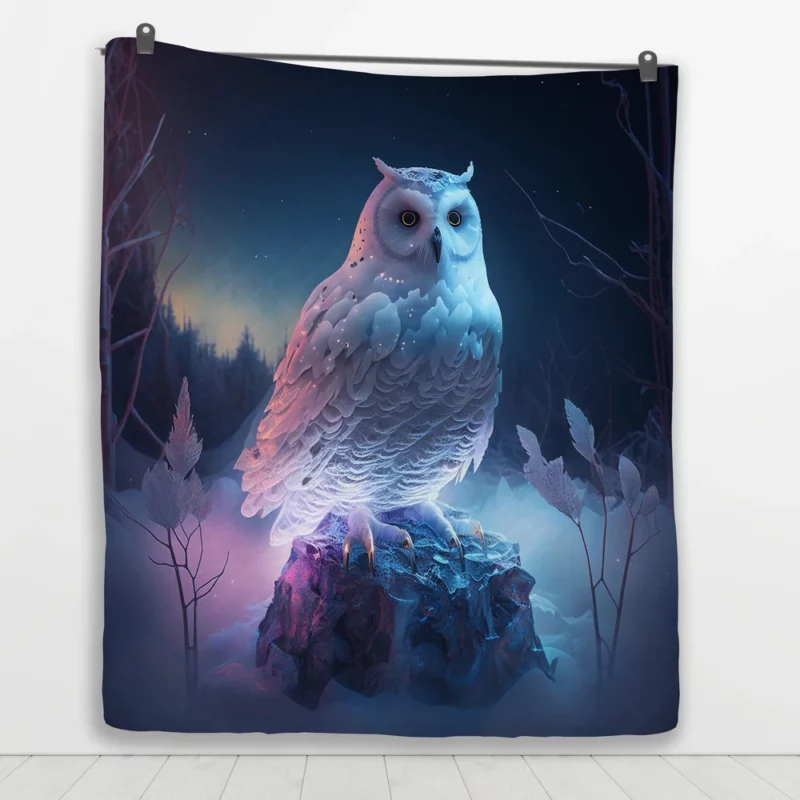 Snowy Owl on Rock Painting Quilt Blanket 1