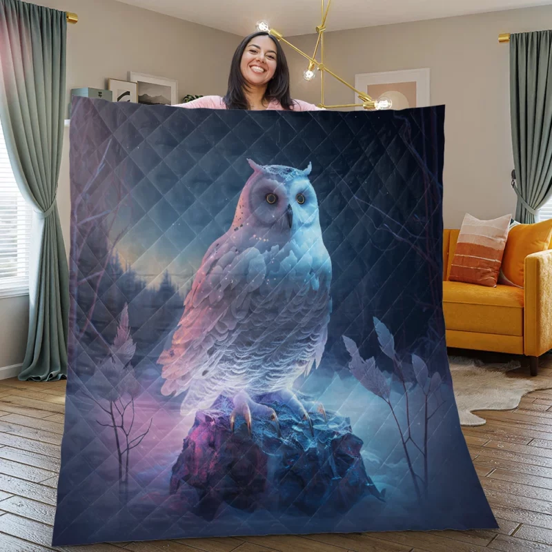 Snowy Owl on Rock Painting Quilt Blanket