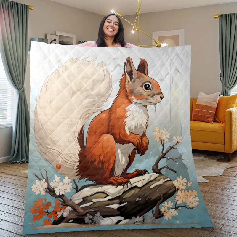 Squirrel on a Log with Its Portrait Quilt Blanket