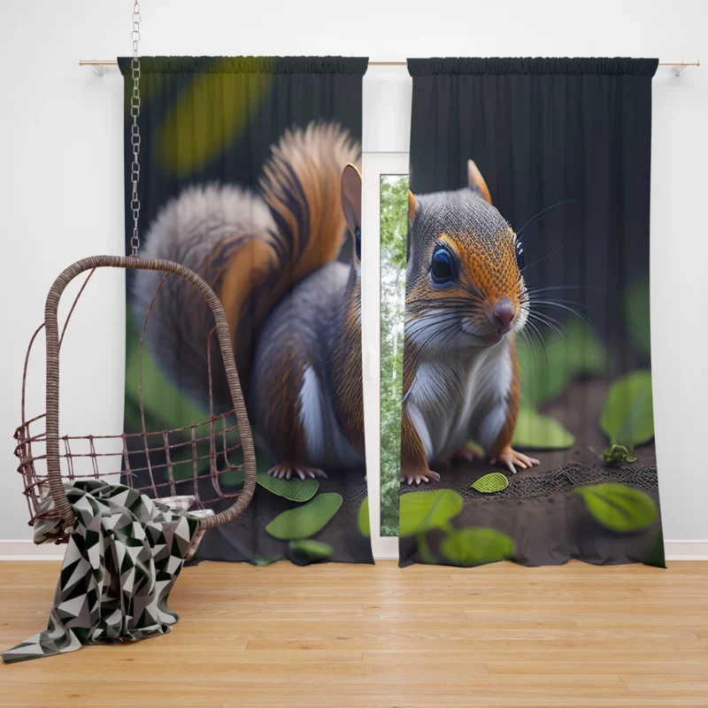 Squirrel with Bushy Tail Amid Leaves Window Curtain