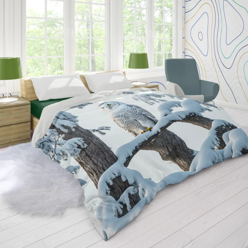 Stealthy Snowy Owl on Branch Duvet Cover