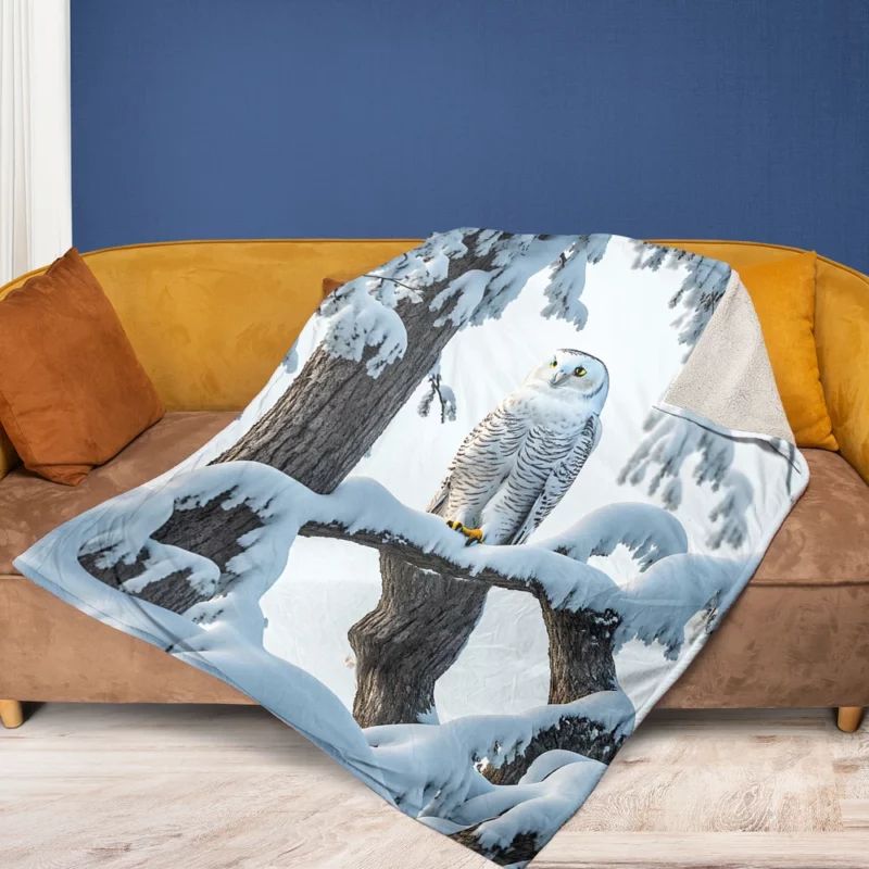 Stealthy Snowy Owl on Branch Fleece Blanket 1