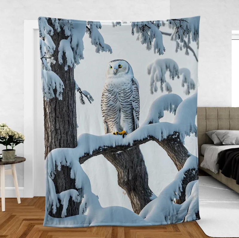 Stealthy Snowy Owl on Branch Fleece Blanket