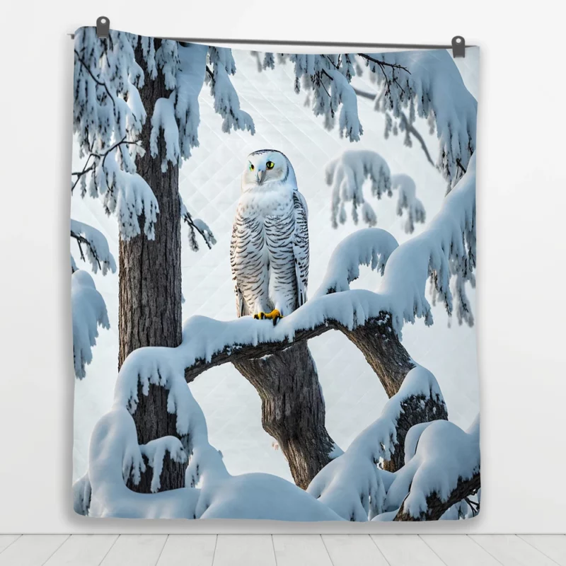 Stealthy Snowy Owl on Branch Quilt Blanket 1