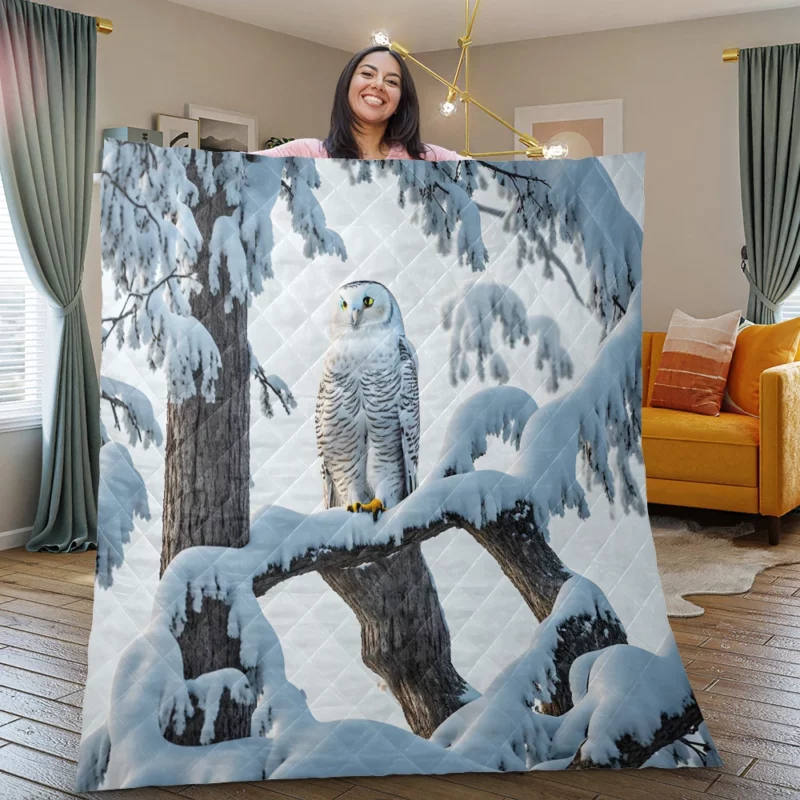 Stealthy Snowy Owl on Branch Quilt Blanket