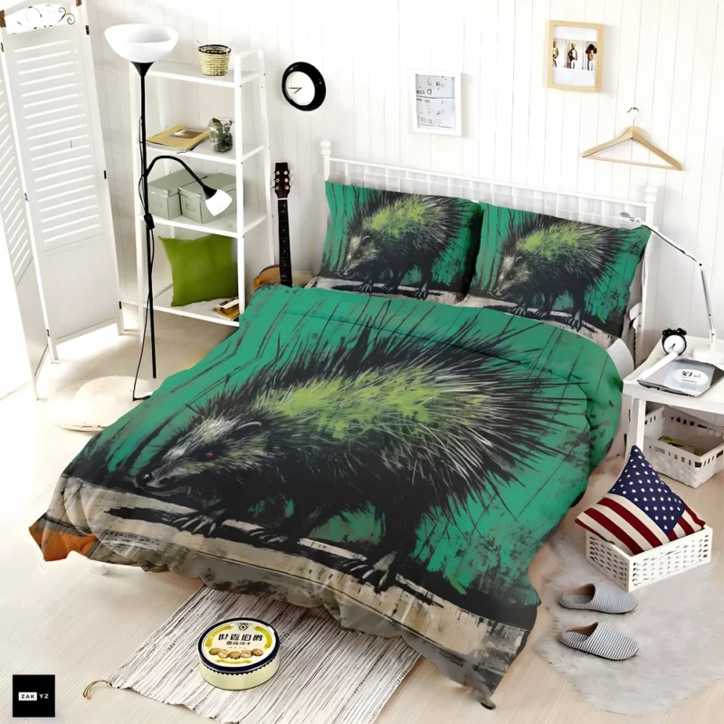 Steampunk-Styled Green Porcupine Painting Bedding Set