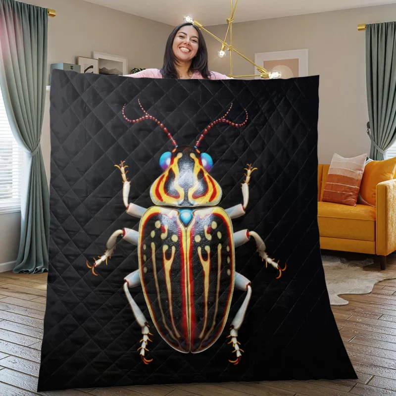 Striped Beetle on Black Background Quilt Blanket