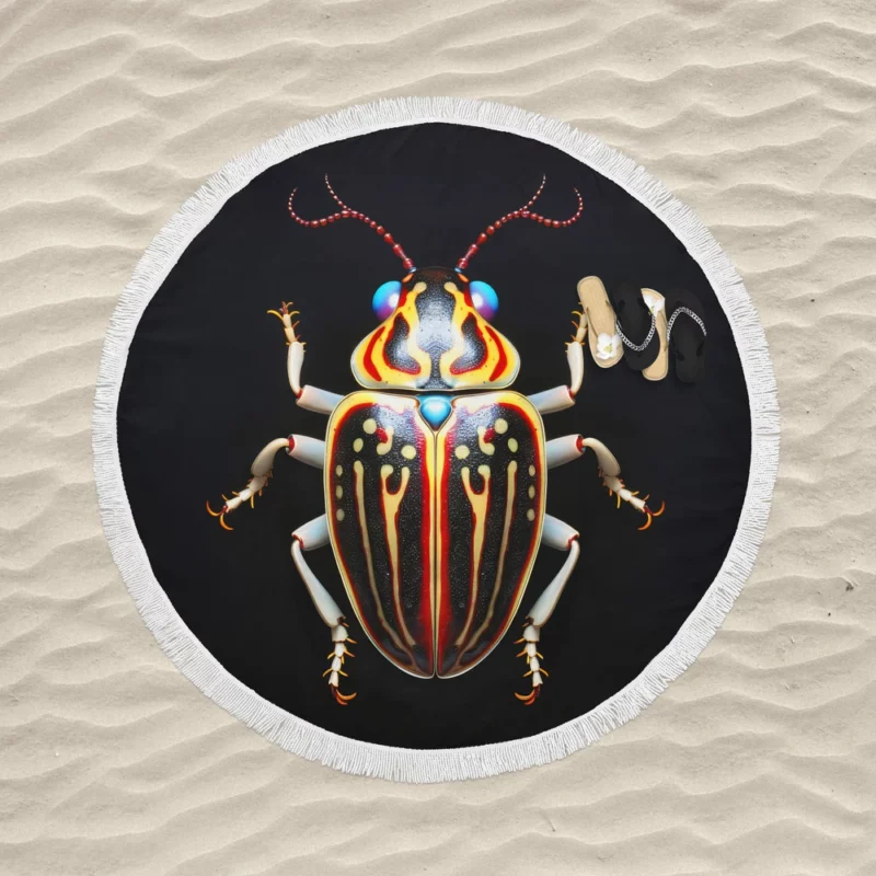 Striped Beetle on Black Background Round Beach Towel