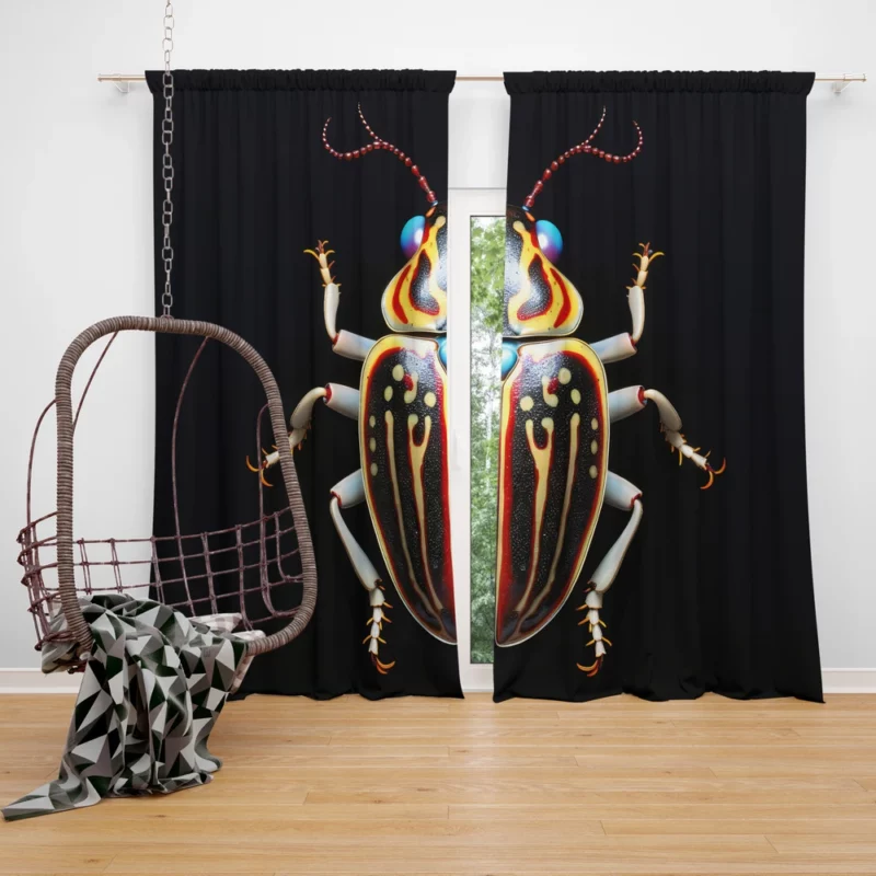 Striped Beetle on Black Background Window Curtain