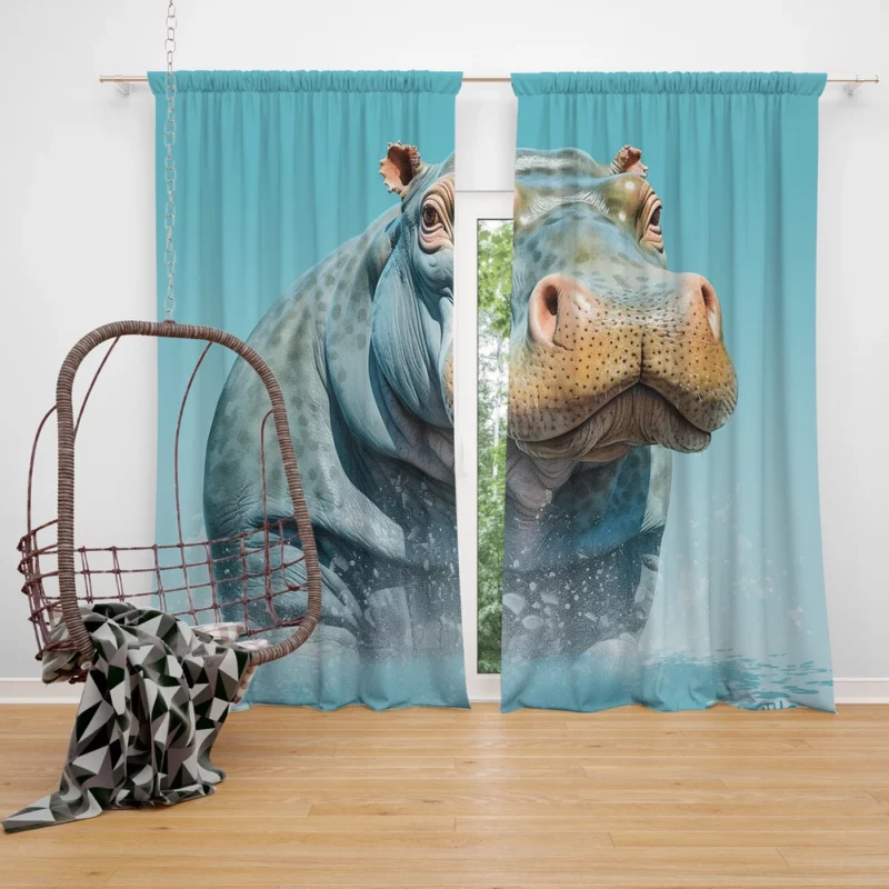 Strong Blue Hippo Window Curtain