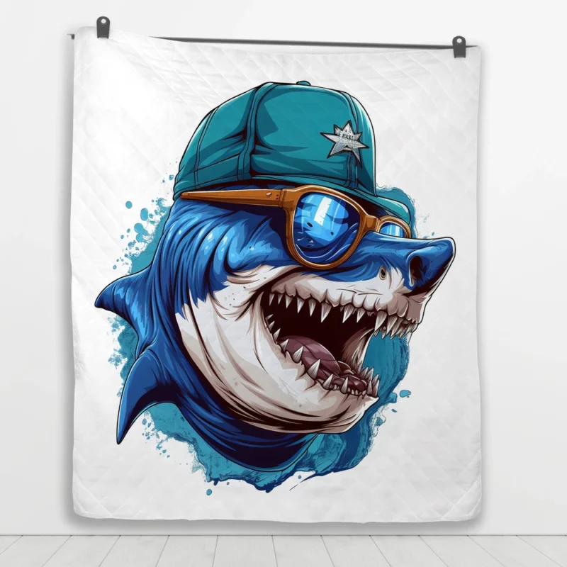 Stylish Shark in Hat and Sunglasses Quilt Blanket 1