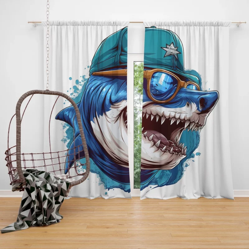 Stylish Shark in Hat and Sunglasses Window Curtain