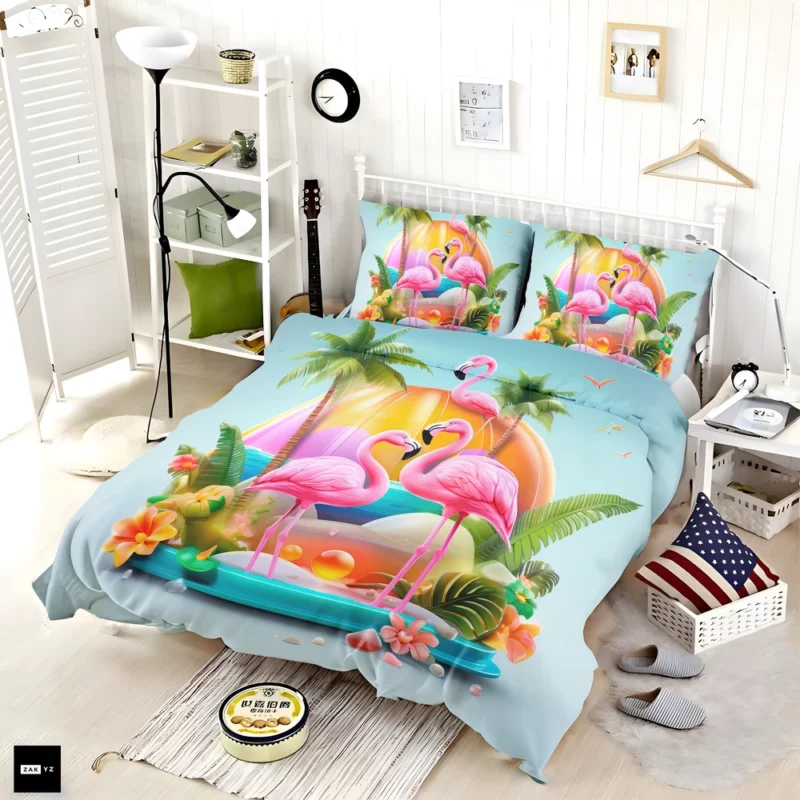 Summer Flamingos Illustration Bedding Set