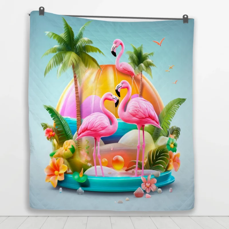 Summer Flamingos Illustration Quilt Blanket 1