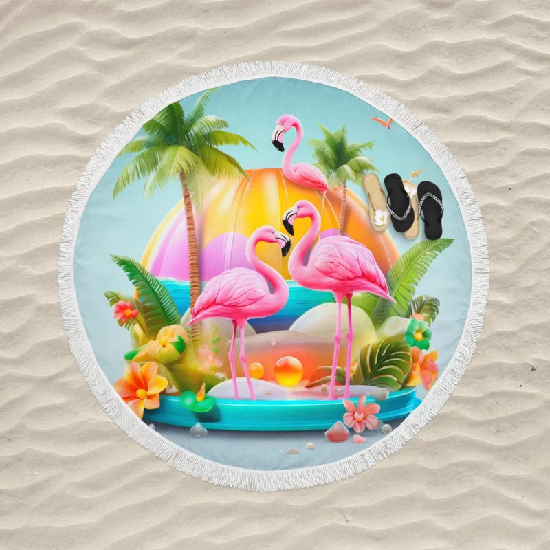 Summer Flamingos Illustration Round Beach Towel